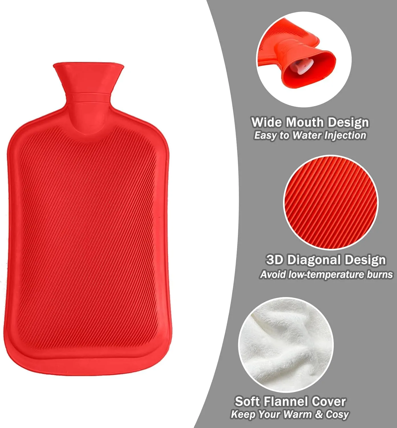 Hot Water Bottle with Cover, 3L Hot Water Bag, Rubber Hot Water Bottles for Pain Relief, Hot and Cold Compress, Menstrual Cramps Relief (White)