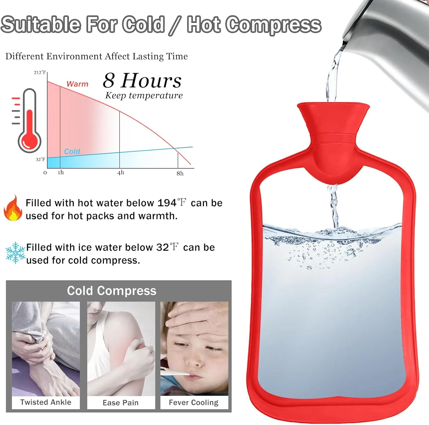 Hot Water Bottle with Cover, 3L Hot Water Bag, Rubber Hot Water Bottles for Pain Relief, Hot and Cold Compress, Menstrual Cramps Relief (White)