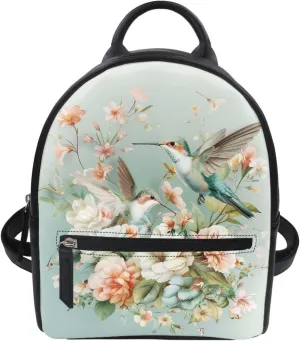 HUGS IDEA Hummingbird Floral Print Mini Backpack for Womend PU Leather Backpack Purse with Adjustable Shoulder Straps Casual Daypacks