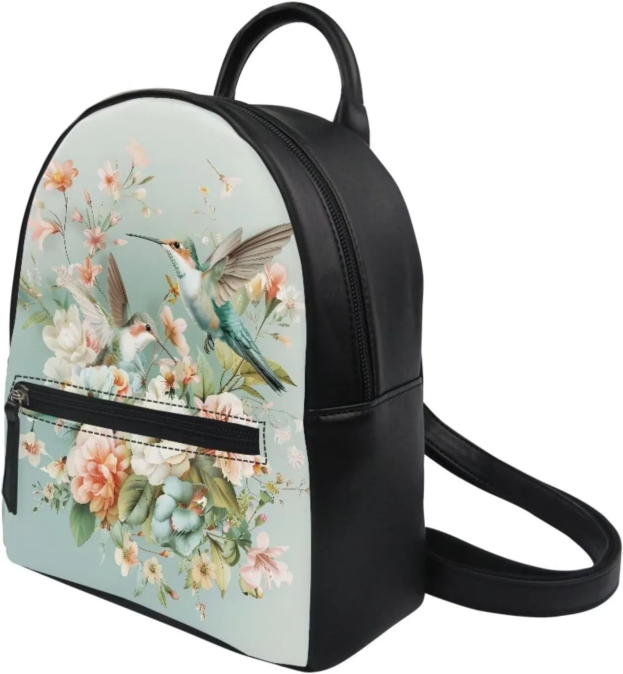 HUGS IDEA Hummingbird Floral Print Mini Backpack for Womend PU Leather Backpack Purse with Adjustable Shoulder Straps Casual Daypacks