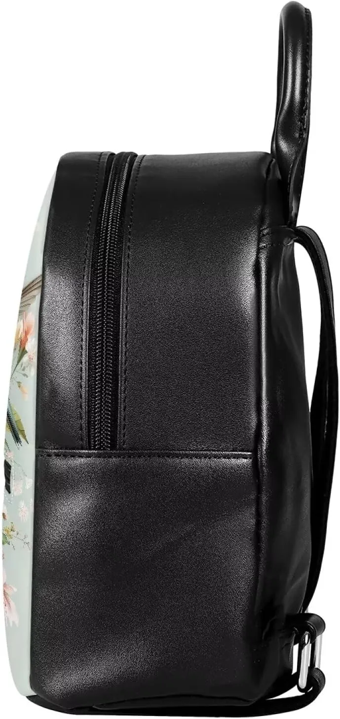 HUGS IDEA Hummingbird Floral Print Mini Backpack for Womend PU Leather Backpack Purse with Adjustable Shoulder Straps Casual Daypacks