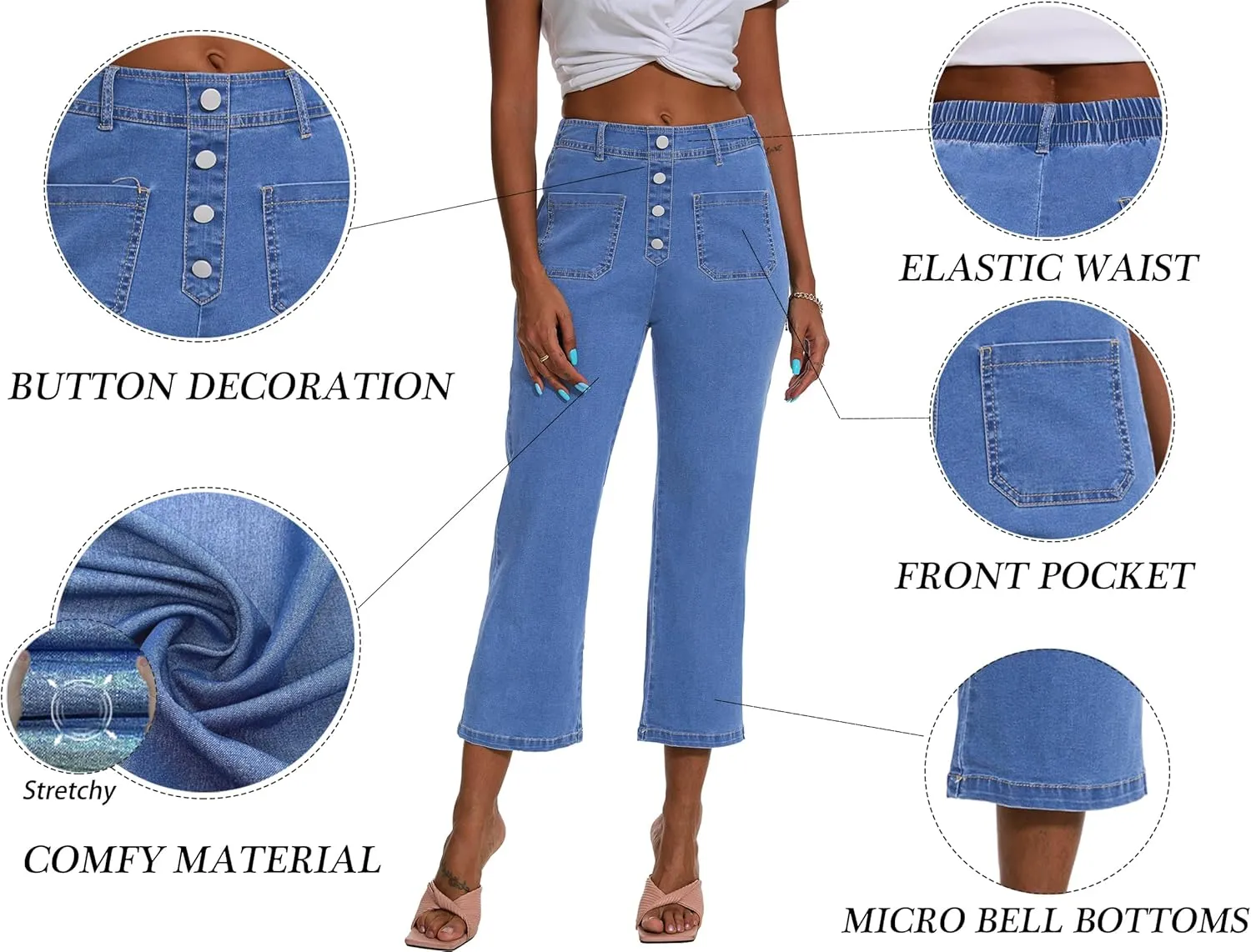HVEPUO Womens High Waisted Cropped Jeans Stretchy Elastic Waist Pull On Jeans Slim Fitted Bell Bottom Denim Pants with Pocket