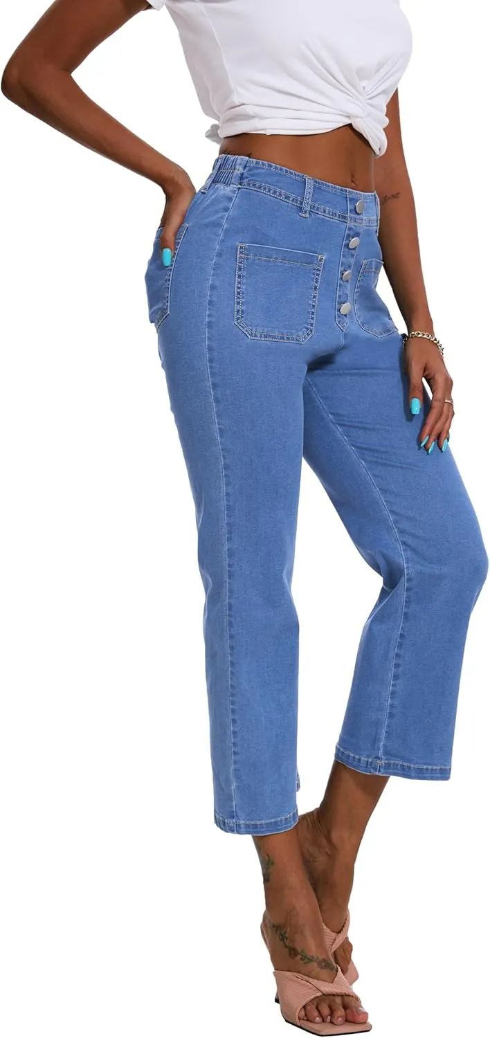 HVEPUO Womens High Waisted Cropped Jeans Stretchy Elastic Waist Pull On Jeans Slim Fitted Bell Bottom Denim Pants with Pocket