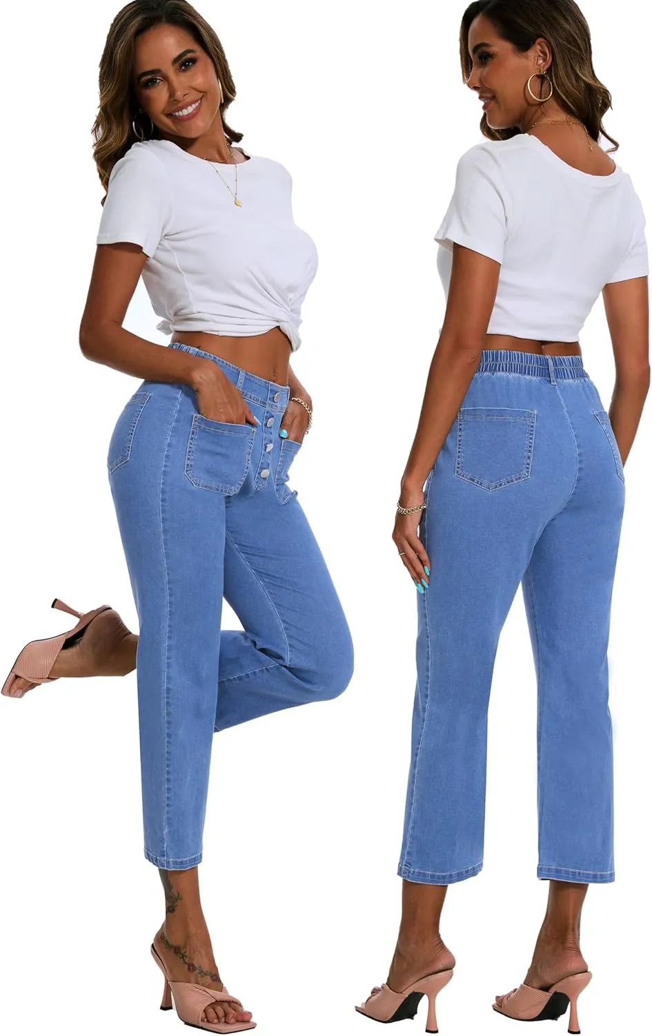 HVEPUO Womens High Waisted Cropped Jeans Stretchy Elastic Waist Pull On Jeans Slim Fitted Bell Bottom Denim Pants with Pocket