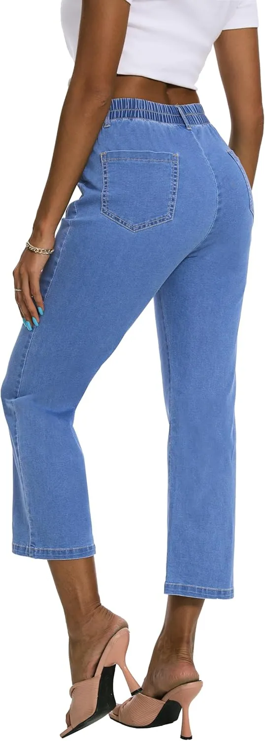 HVEPUO Womens High Waisted Cropped Jeans Stretchy Elastic Waist Pull On Jeans Slim Fitted Bell Bottom Denim Pants with Pocket