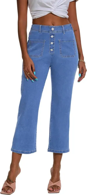 HVEPUO Womens High Waisted Cropped Jeans Stretchy Elastic Waist Pull On Jeans Slim Fitted Bell Bottom Denim Pants with Pocket
