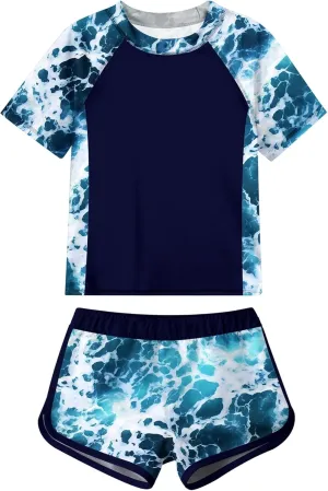 Idgreatim Girls Rashguard Swimsuit 2 Piece Short Sleeve Bathing Suit UPF 50  Sun Proction Swimwear Size 8-14T