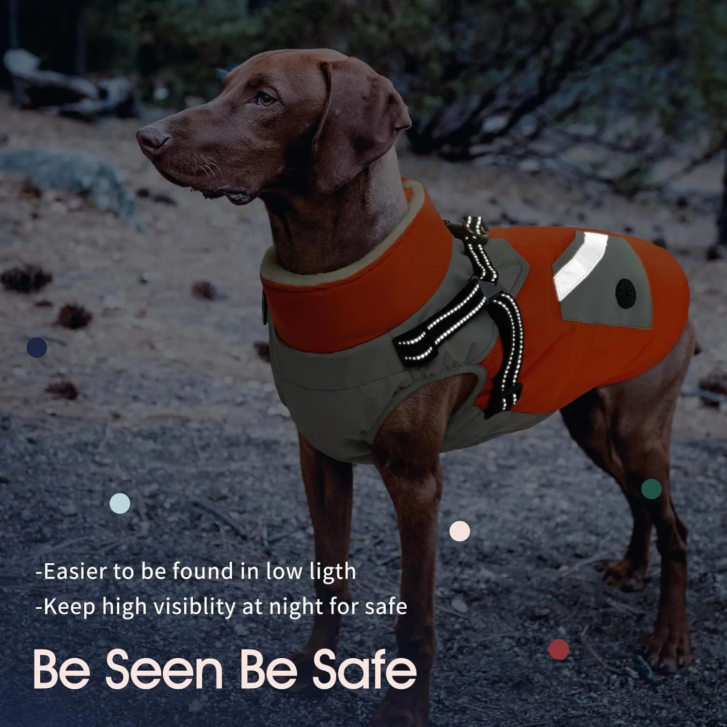 IECOii Dog Coat for Large Dogs, Orange, X-Large - Waterproof Winter Fleece Jacket with Harness, Turtleneck, Reflective Straps, Zipper Closure