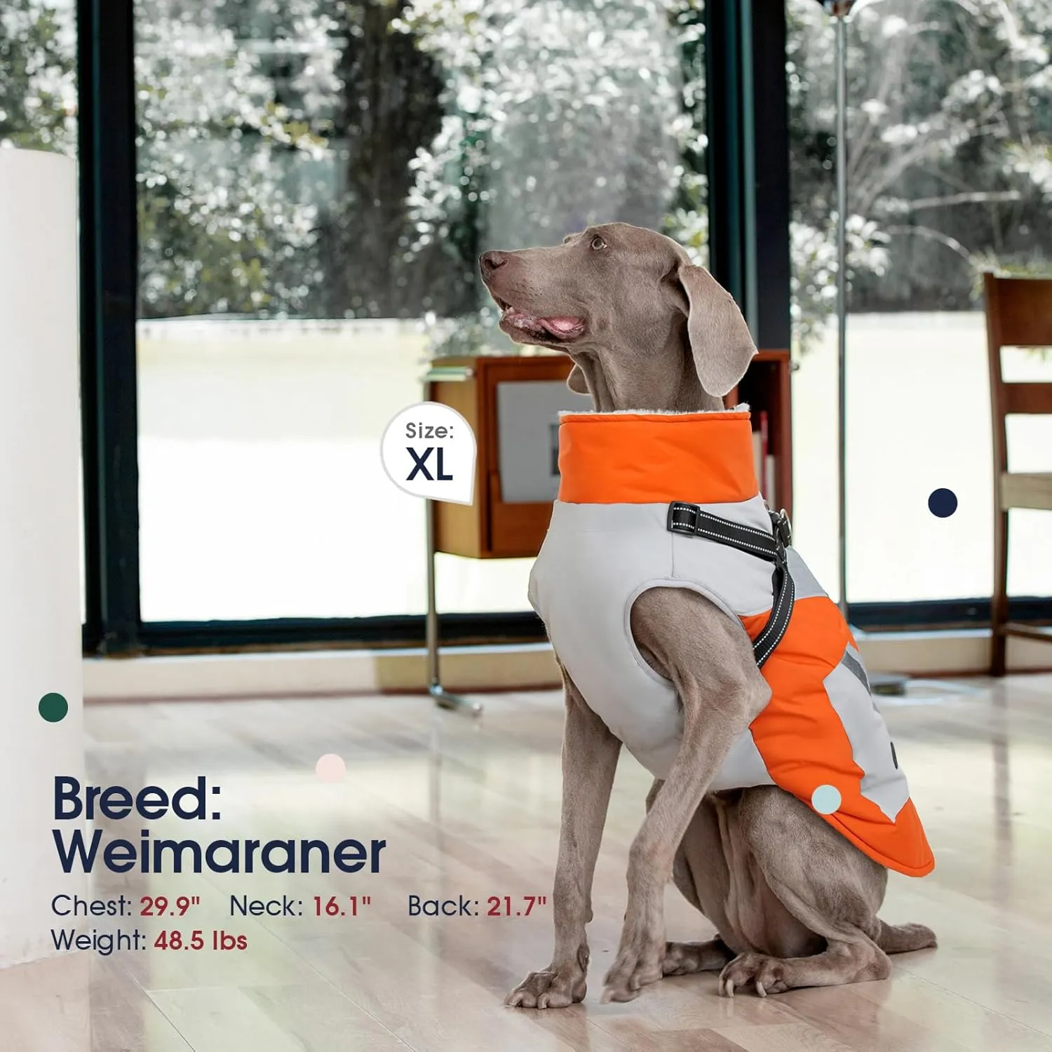 IECOii Dog Coat for Large Dogs, Orange, X-Large - Waterproof Winter Fleece Jacket with Harness, Turtleneck, Reflective Straps, Zipper Closure