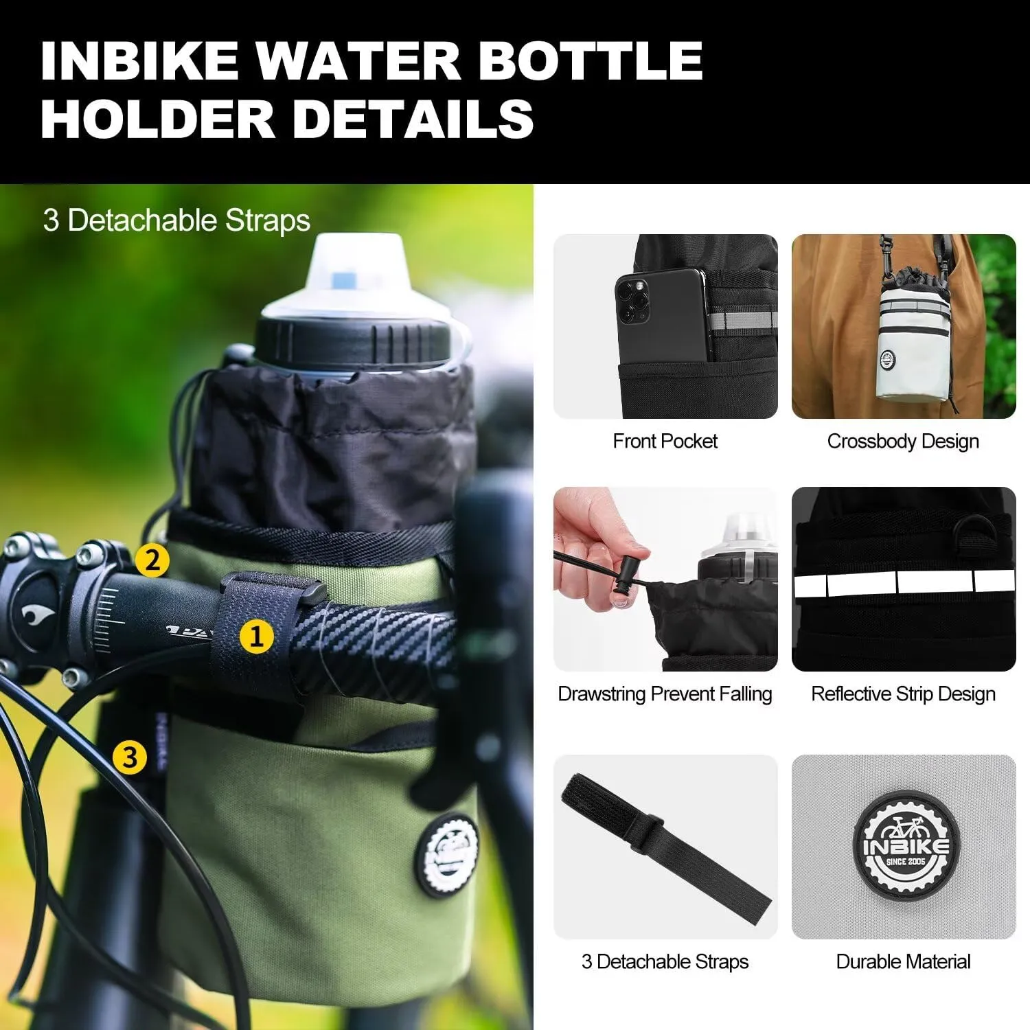 INBIKE Bike Cup Holder, 16oz - 34oz Installing Insulated Water Bottle Holder Handlebar for Bicycle with Extra Pocket Waterproof Reflective, with Removable Hook&Loop Fasteners and Shoulder Strap Khaki