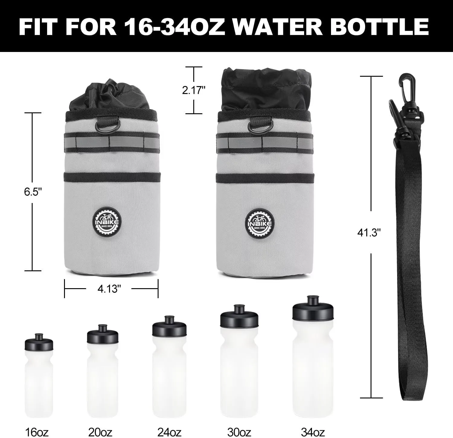 INBIKE Bike Cup Holder, 16oz - 34oz Installing Insulated Water Bottle Holder Handlebar for Bicycle with Extra Pocket Waterproof Reflective, with Removable Hook&Loop Fasteners and Shoulder Strap Khaki