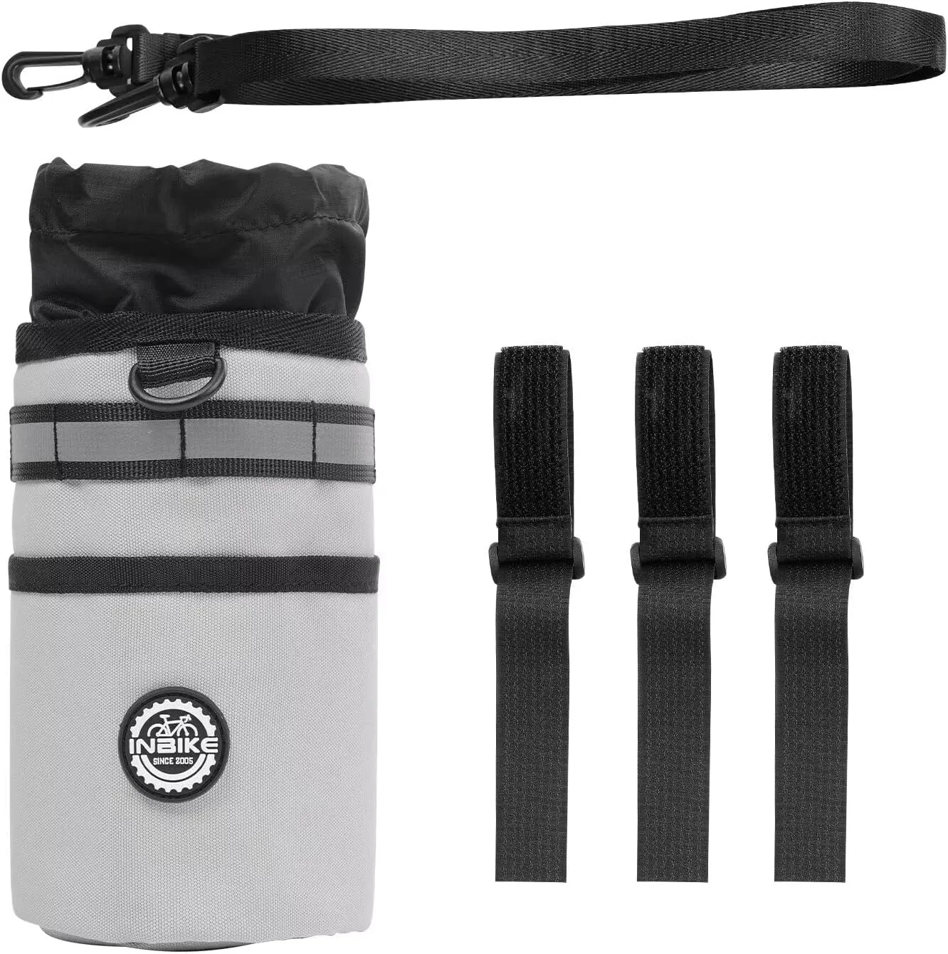INBIKE Bike Cup Holder, 16oz - 34oz Installing Insulated Water Bottle Holder Handlebar for Bicycle with Extra Pocket Waterproof Reflective, with Removable Hook&Loop Fasteners and Shoulder Strap Khaki