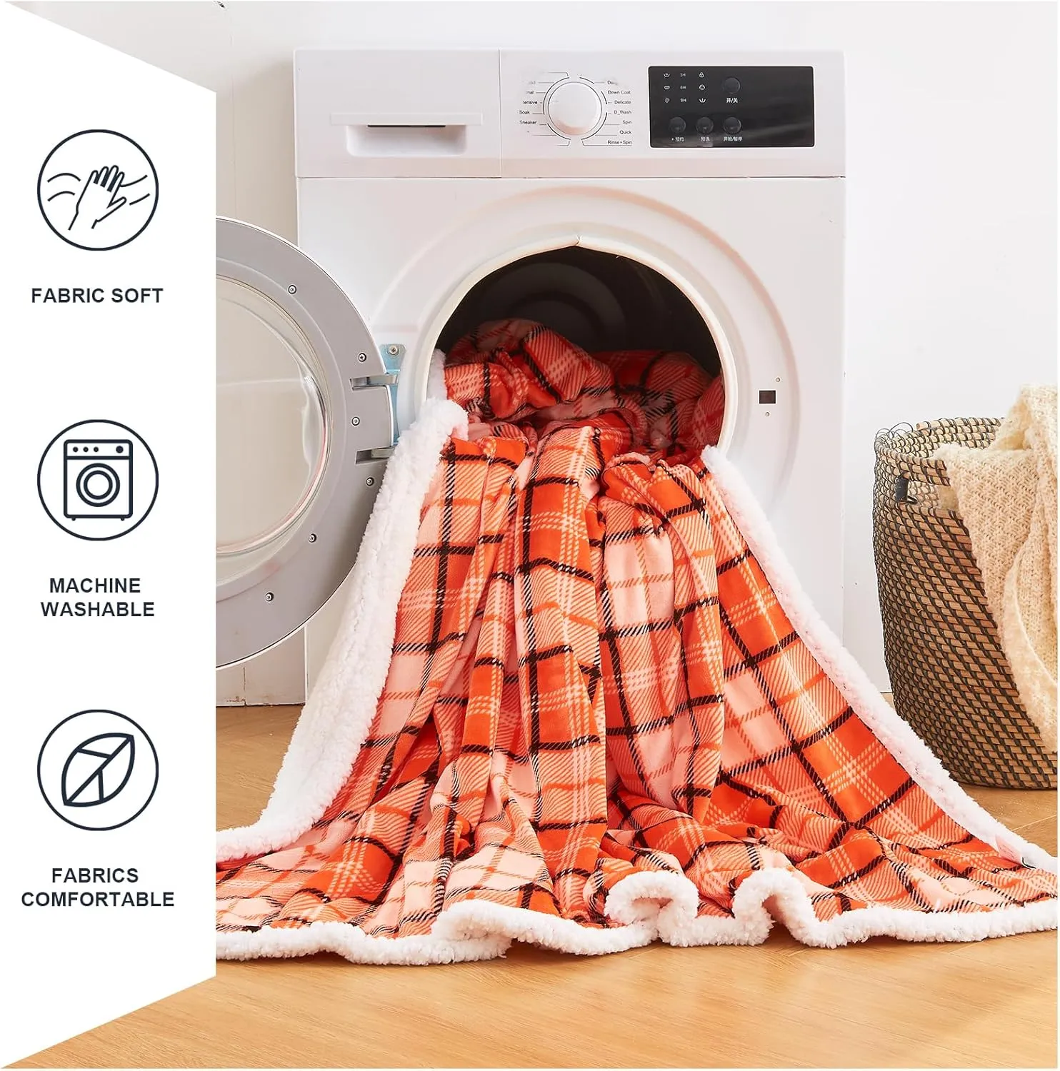 inhand Fall Sherpa Throw Blanket Autumn Plaid Halloween Soft Throw Blankets for Couch, Bed, Sofa, King Size Fluffy Plush Flannel Fleece Blankets and Throws for Adults, Women, Men (Orange, 90”x 104”)