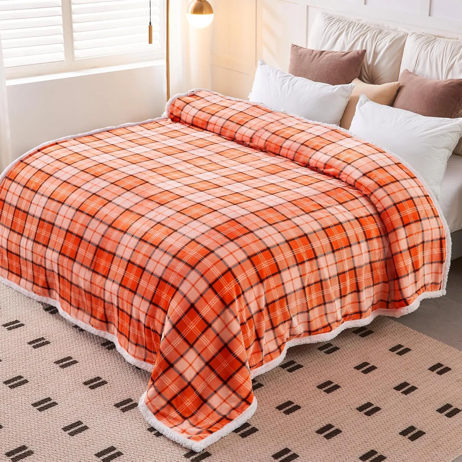 inhand Fall Sherpa Throw Blanket Autumn Plaid Halloween Soft Throw Blankets for Couch, Bed, Sofa, King Size Fluffy Plush Flannel Fleece Blankets and Throws for Adults, Women, Men (Orange, 90”x 104”)
