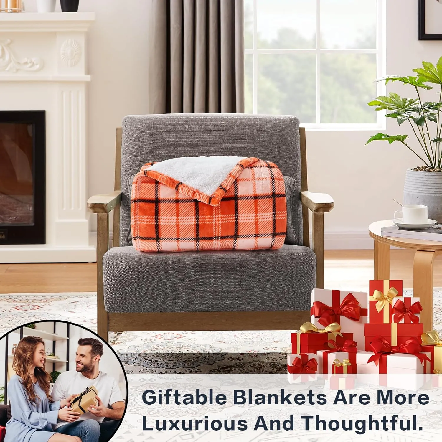 inhand Fall Sherpa Throw Blanket Autumn Plaid Halloween Soft Throw Blankets for Couch, Bed, Sofa, King Size Fluffy Plush Flannel Fleece Blankets and Throws for Adults, Women, Men (Orange, 90”x 104”)