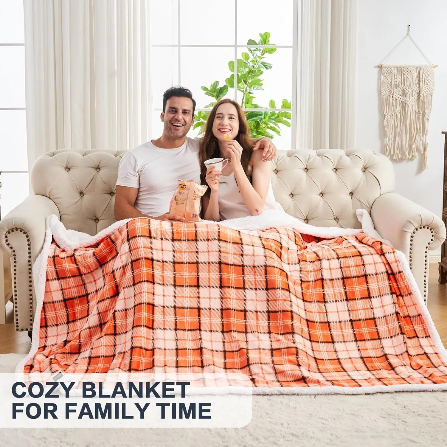 inhand Fall Sherpa Throw Blanket Autumn Plaid Halloween Soft Throw Blankets for Couch, Bed, Sofa, King Size Fluffy Plush Flannel Fleece Blankets and Throws for Adults, Women, Men (Orange, 90”x 104”)