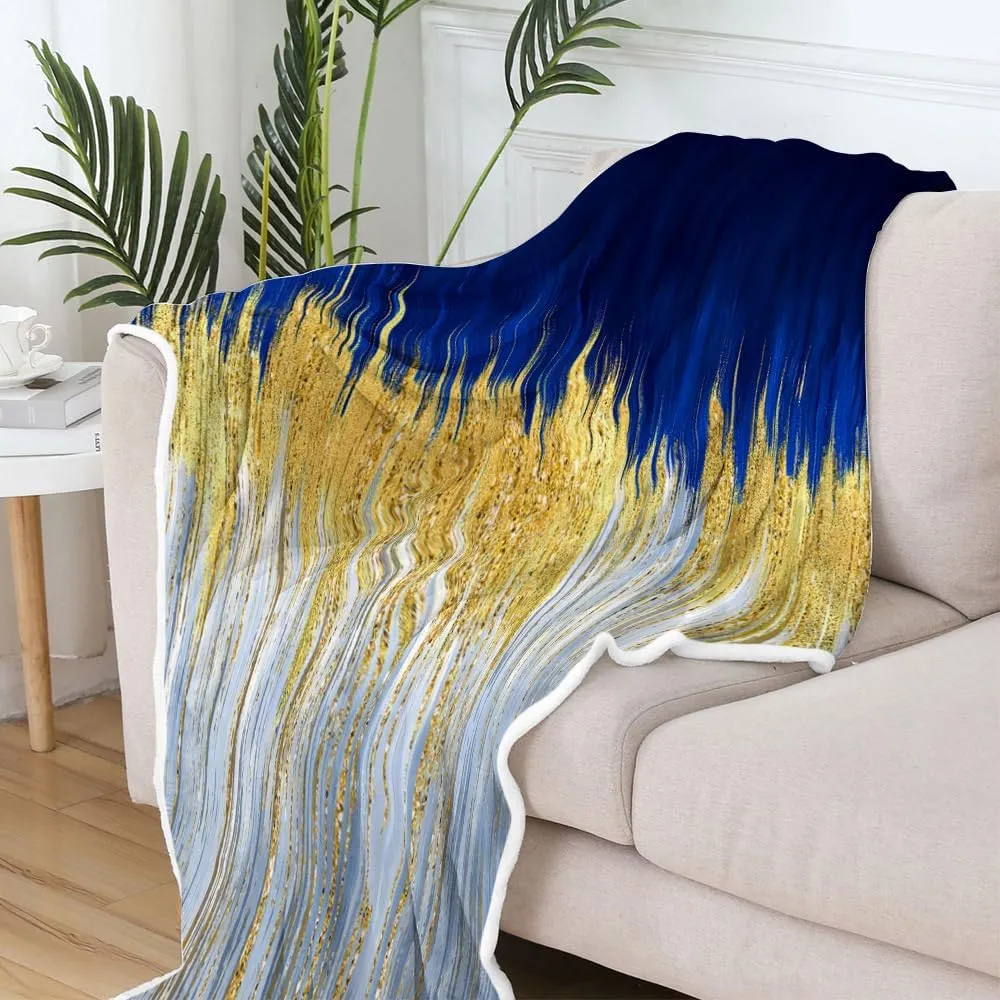 JAWO Blue Golden Fleece Throw - Royal Blue White Throw Blanket with Abstract Stripes Sherpa Plush for Boys Teens Decor, Modern Fuzzy Blanket for Home, Sofas, Couches, Beds, Chairs