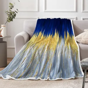 JAWO Blue Golden Fleece Throw - Royal Blue White Throw Blanket with Abstract Stripes Sherpa Plush for Boys Teens Decor, Modern Fuzzy Blanket for Home, Sofas, Couches, Beds, Chairs