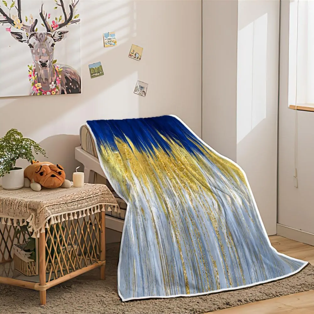 JAWO Blue Golden Fleece Throw - Royal Blue White Throw Blanket with Abstract Stripes Sherpa Plush for Boys Teens Decor, Modern Fuzzy Blanket for Home, Sofas, Couches, Beds, Chairs