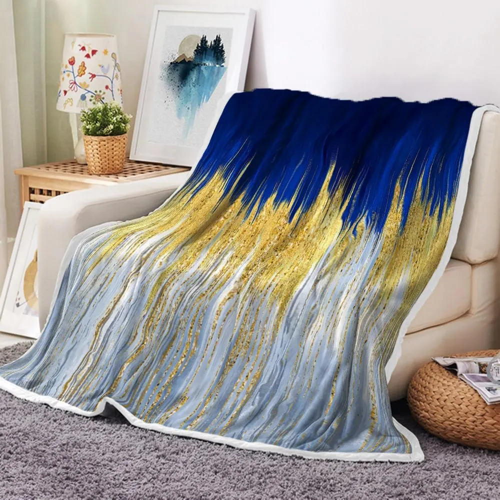 JAWO Blue Golden Fleece Throw - Royal Blue White Throw Blanket with Abstract Stripes Sherpa Plush for Boys Teens Decor, Modern Fuzzy Blanket for Home, Sofas, Couches, Beds, Chairs