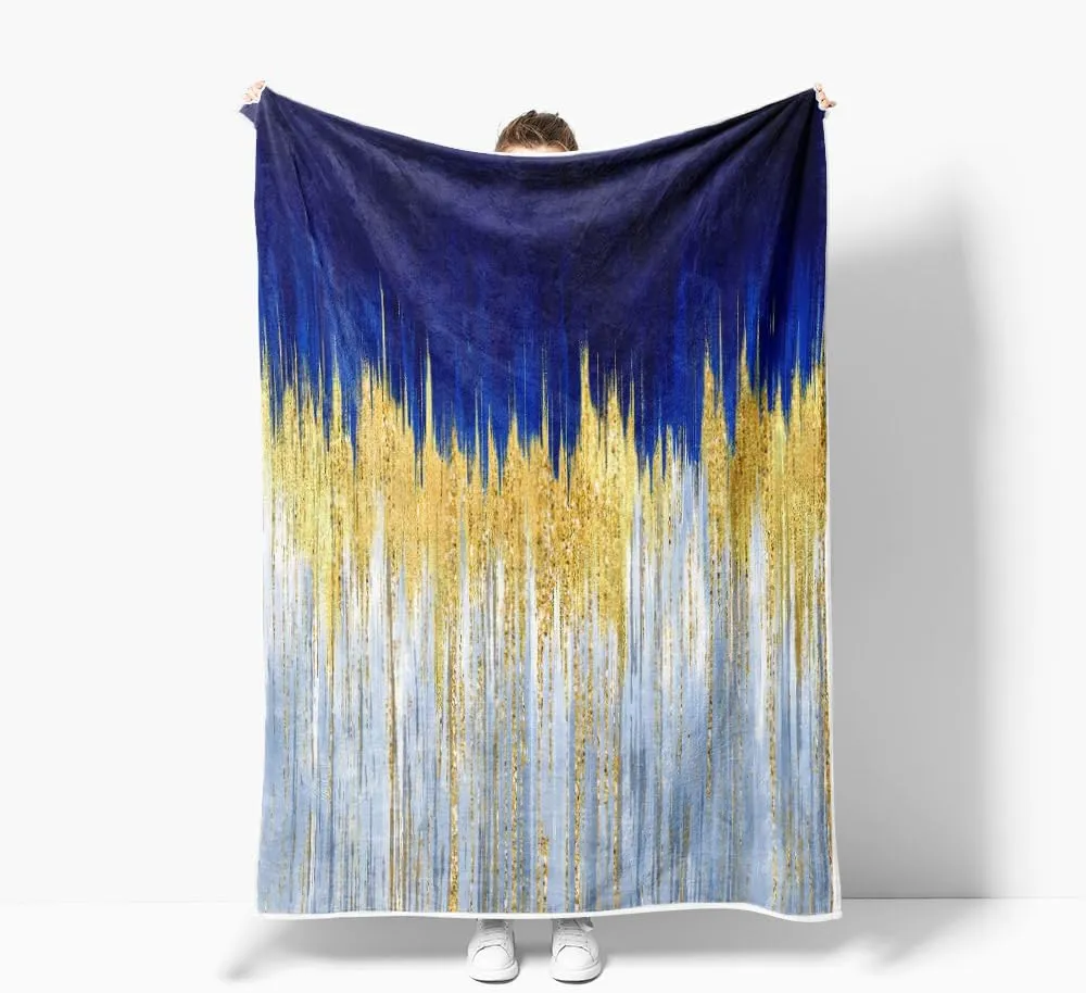 JAWO Blue Golden Fleece Throw - Royal Blue White Throw Blanket with Abstract Stripes Sherpa Plush for Boys Teens Decor, Modern Fuzzy Blanket for Home, Sofas, Couches, Beds, Chairs