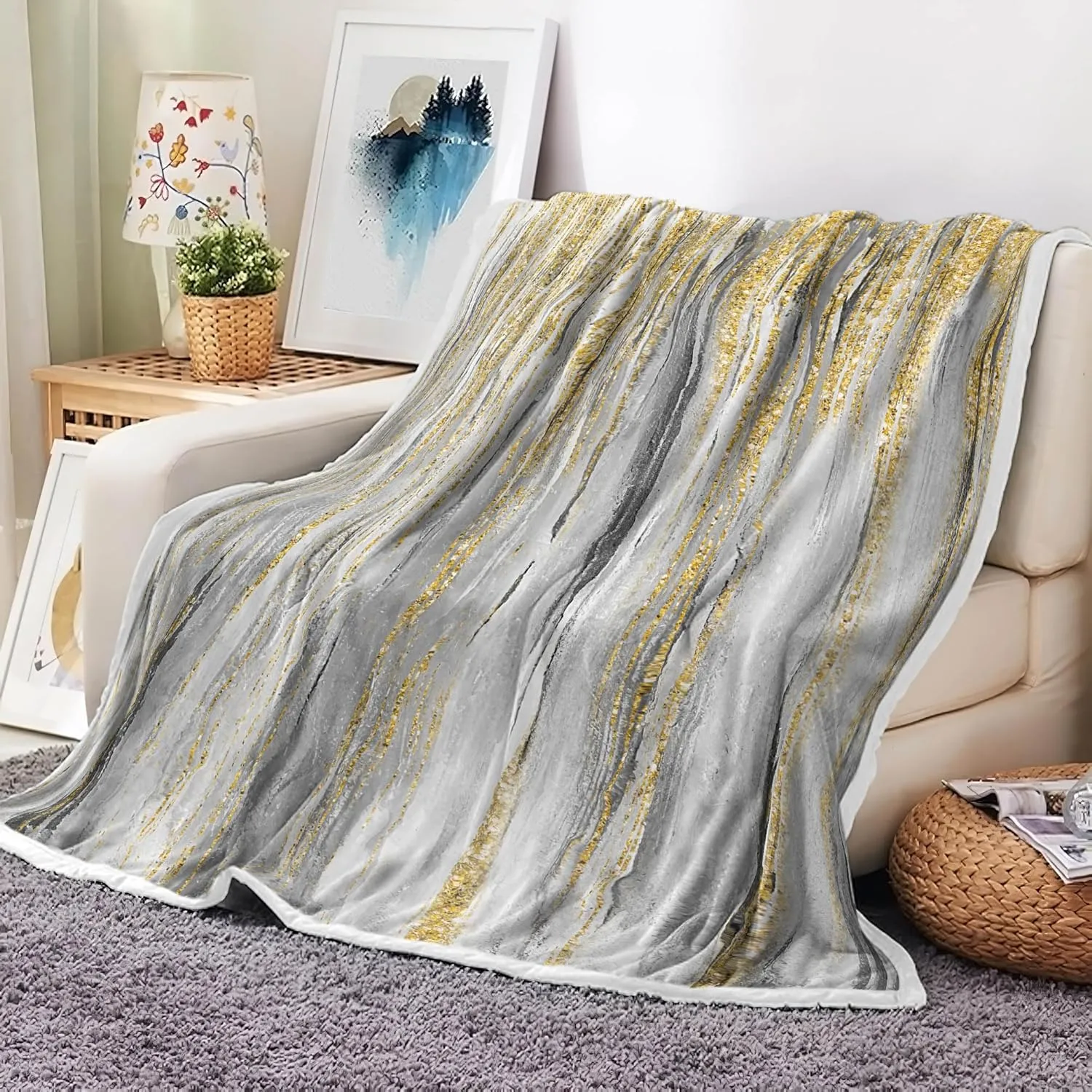 JAWO Gray Gold Throw Blanket, Grey Abstract TextureSoft Fleece Blankets for Couch Sofa Bedroom, Morden Cooling Blanket for Women Girls Gifts Fuzzy Fluffy Cozy Comfy Decorative for All Seasons