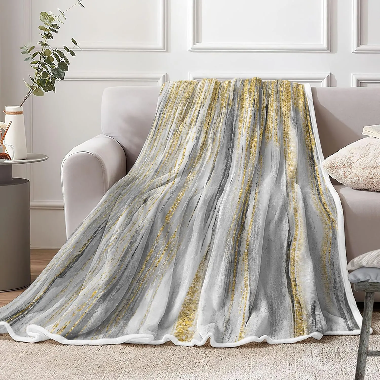 JAWO Gray Gold Throw Blanket, Grey Abstract TextureSoft Fleece Blankets for Couch Sofa Bedroom, Morden Cooling Blanket for Women Girls Gifts Fuzzy Fluffy Cozy Comfy Decorative for All Seasons