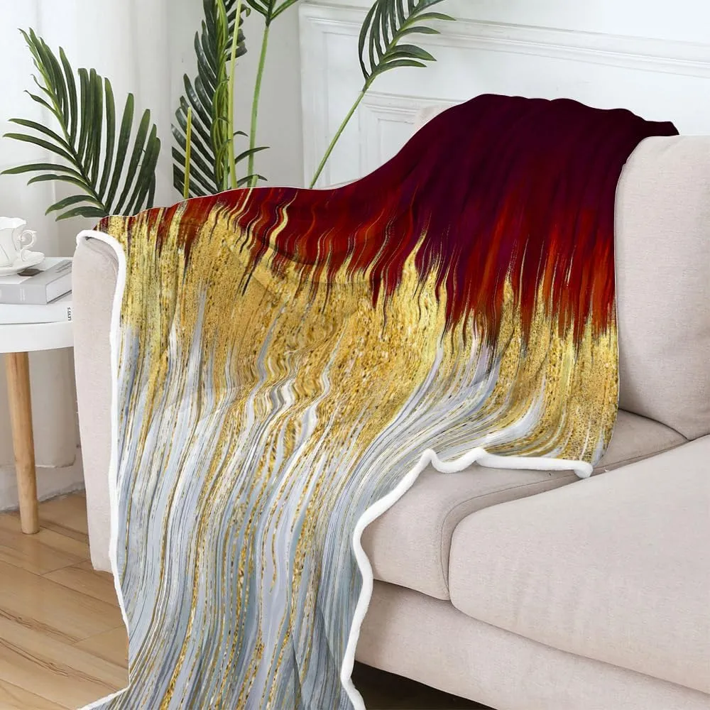 JAWO Red Golden Fleece Throw - Abstract Stripes Sherpa Blanket for Boys Teens Decor, Modern Fuzzy Blanket for Home, Sofas, Couches, Beds, Chairs 50x60