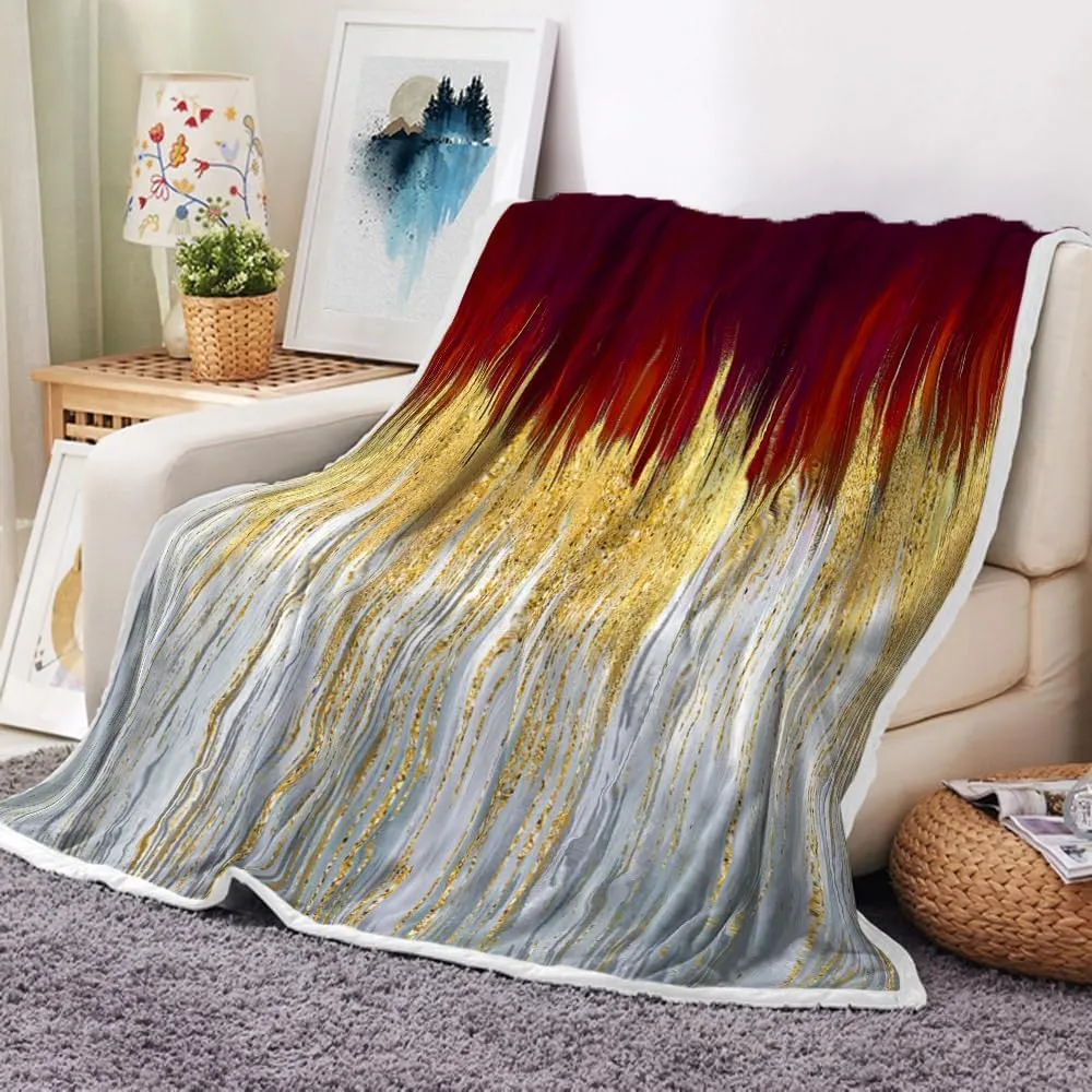 JAWO Red Golden Fleece Throw - Abstract Stripes Sherpa Blanket for Boys Teens Decor, Modern Fuzzy Blanket for Home, Sofas, Couches, Beds, Chairs 50x60