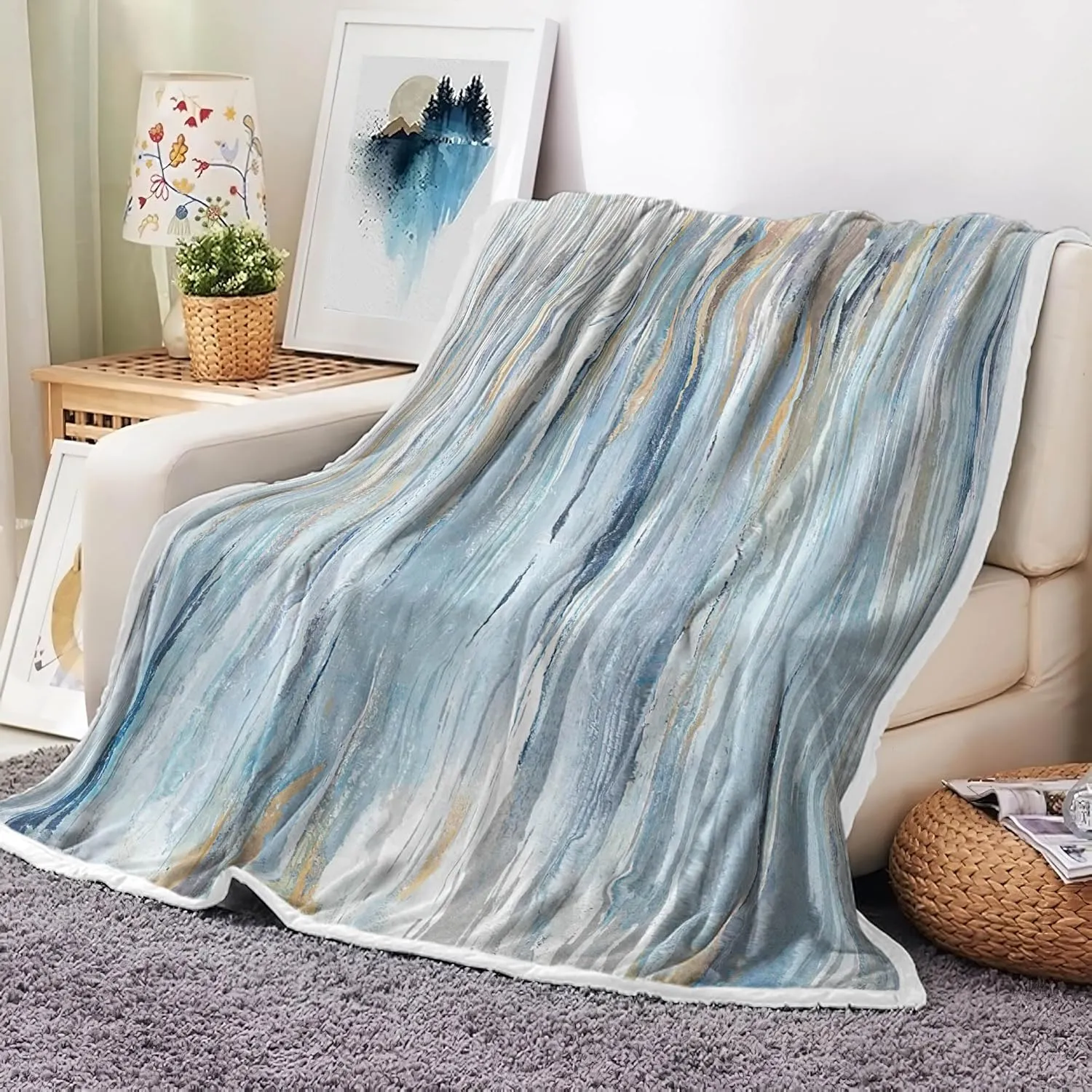 JAWO Throw Blanket, light blue Blankets Abstract Soft Fleece Blankets for Couch Sofa Bedroom, Morden Navy Blue Cooling blanket for Women Girls Gifts, 50X60