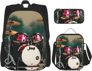 Jazz drum print Pocket backpack Crossbody lunch bag pen bag set 3-in-1 Makeup bag Outdoor travel