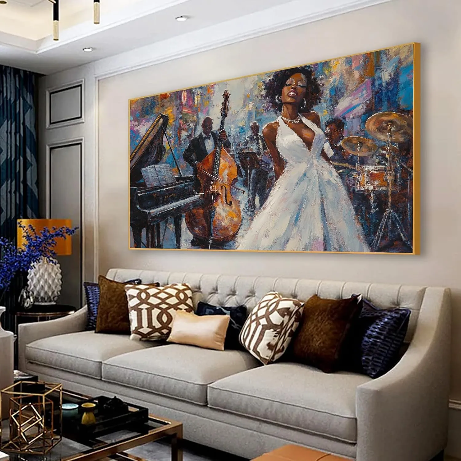 Jazz Oil Painting Canvas Prints Wall Art, African American Abstract Jazz Band Picture Poster, Jazz Orchestra Music Artwork, Ready to Hang for Living Room Bedroom (Gold Framed, 36x20in|92x52cm)