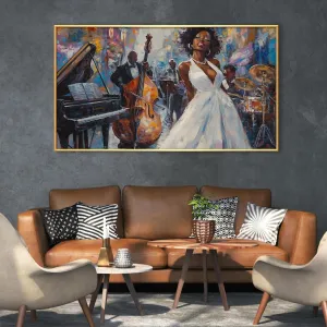 Jazz Oil Painting Canvas Prints Wall Art, African American Abstract Jazz Band Picture Poster, Jazz Orchestra Music Artwork, Ready to Hang for Living Room Bedroom (Gold Framed, 36x20in|92x52cm)