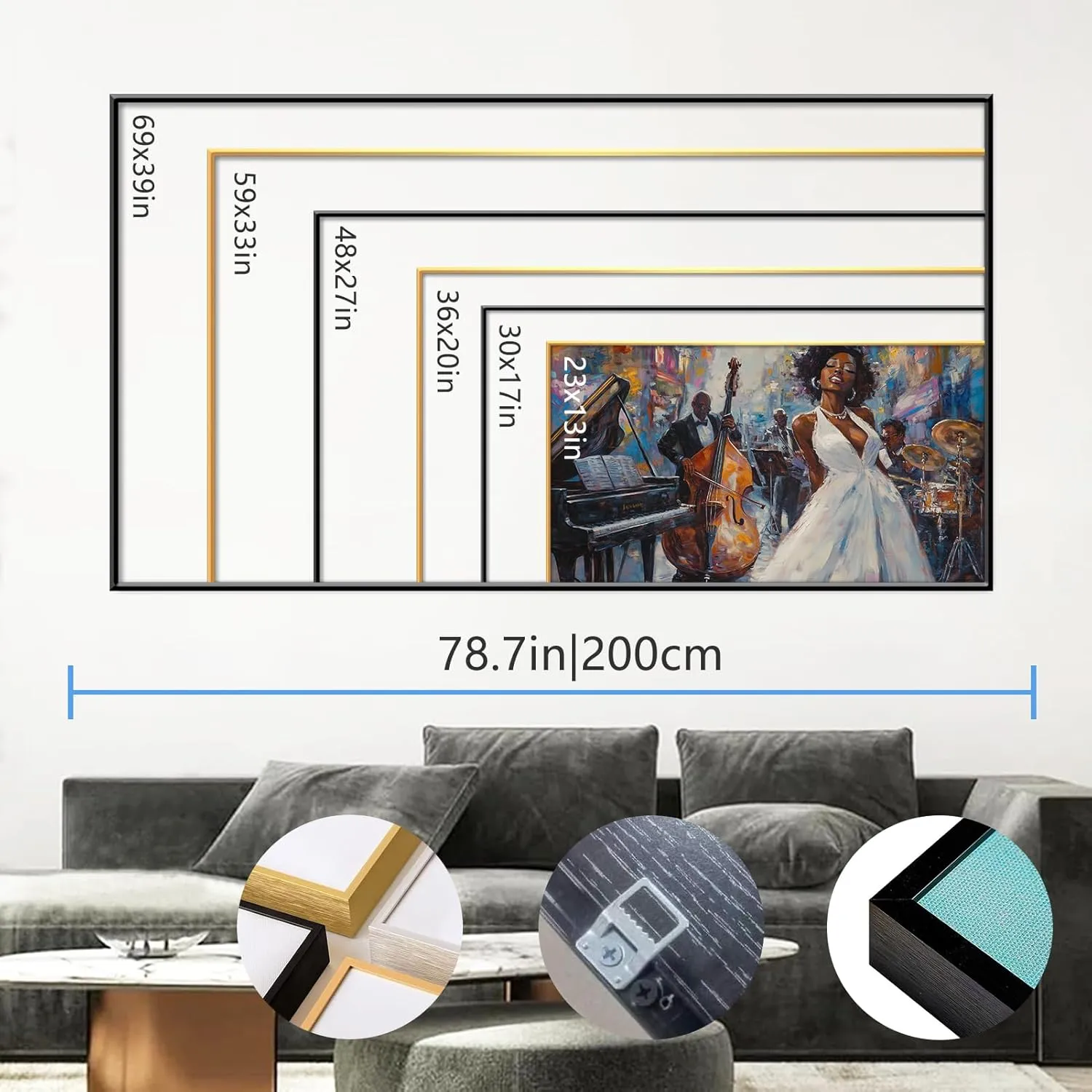 Jazz Oil Painting Canvas Prints Wall Art, African American Abstract Jazz Band Picture Poster, Jazz Orchestra Music Artwork, Ready to Hang for Living Room Bedroom (Gold Framed, 36x20in|92x52cm)