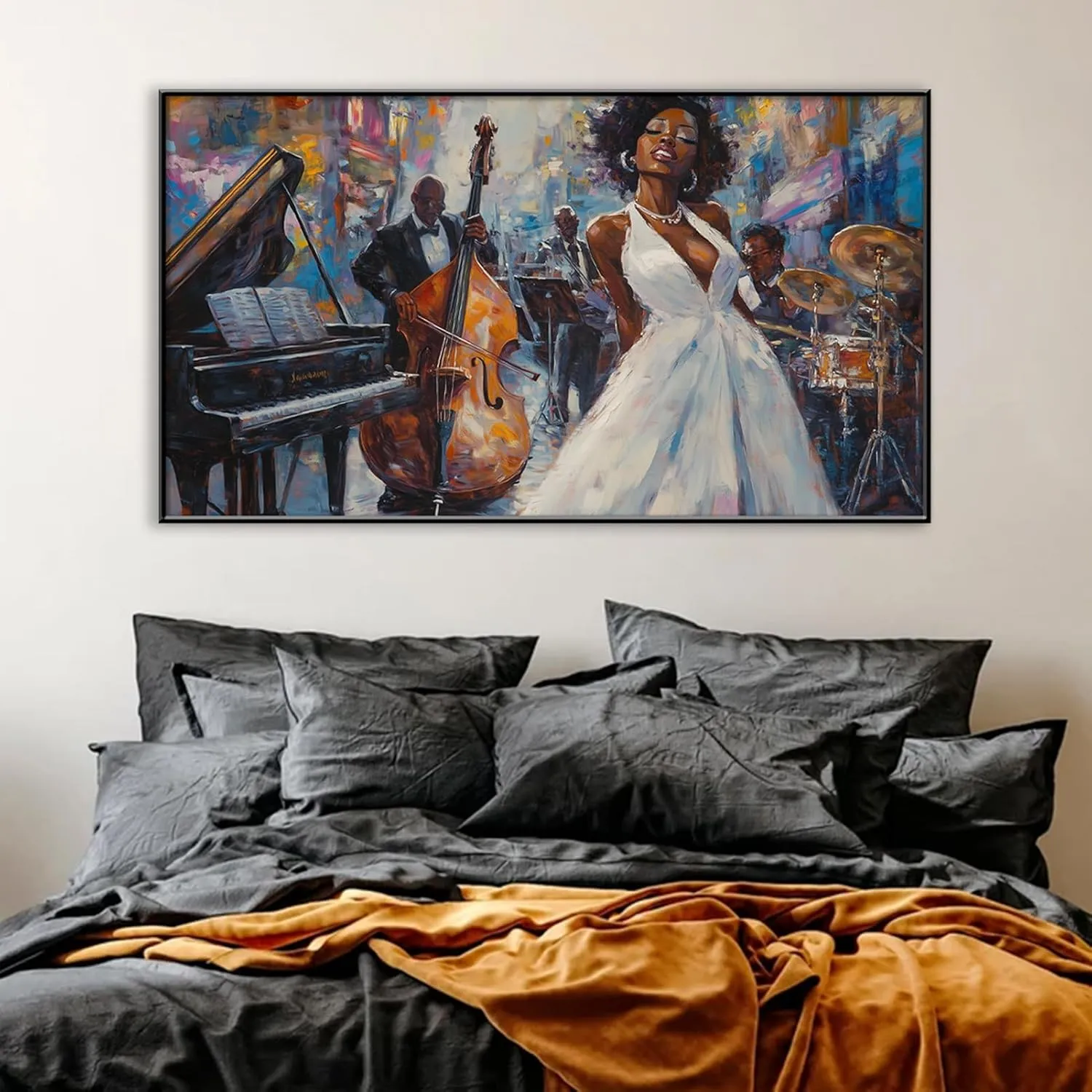 Jazz Oil Painting Canvas Prints Wall Art, African American Abstract Jazz Band Picture Poster, Jazz Orchestra Music Artwork, Ready to Hang for Living Room Bedroom (Gold Framed, 36x20in|92x52cm)