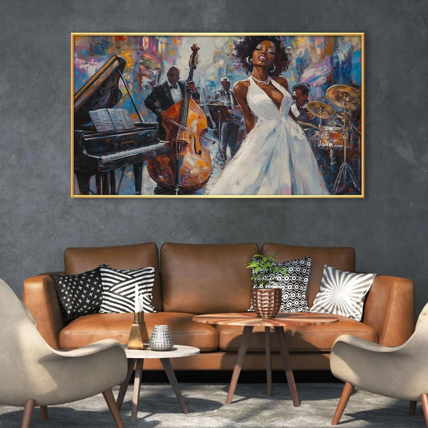 Jazz Oil Painting Canvas Prints Wall Art, African American Abstract Jazz Band Picture Poster, Jazz Orchestra Music Artwork, Ready to Hang for Living Room Bedroom (Gold Framed, 36x20in|92x52cm)