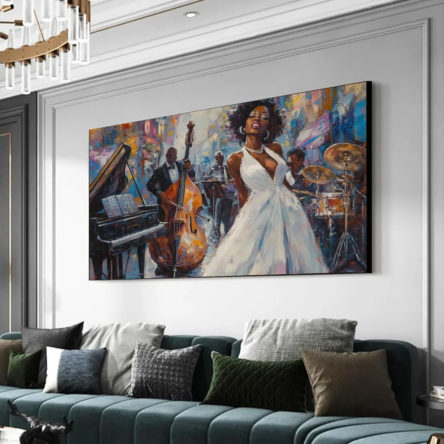 Jazz Oil Painting Canvas Prints Wall Art, African American Abstract Jazz Band Picture Poster, Jazz Orchestra Music Artwork, Ready to Hang for Living Room Bedroom (Gold Framed, 36x20in|92x52cm)