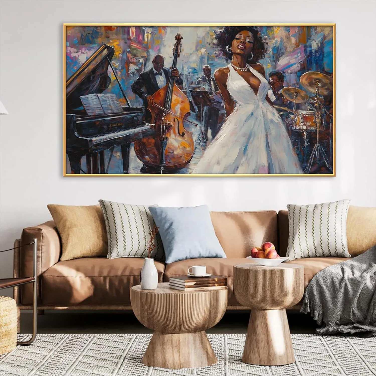 Jazz Oil Painting Canvas Prints Wall Art, African American Abstract Jazz Band Picture Poster, Jazz Orchestra Music Artwork, Ready to Hang for Living Room Bedroom (Gold Framed, 36x20in|92x52cm)