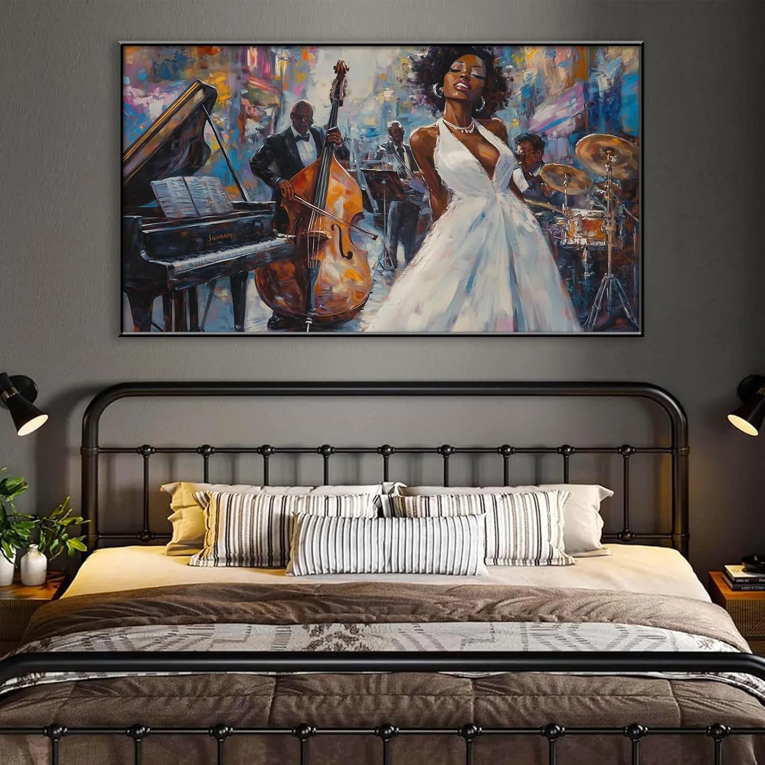 Jazz Oil Painting Canvas Prints Wall Art, African American Abstract Jazz Band Picture Poster, Jazz Orchestra Music Artwork, Ready to Hang for Living Room Bedroom (Gold Framed, 36x20in|92x52cm)