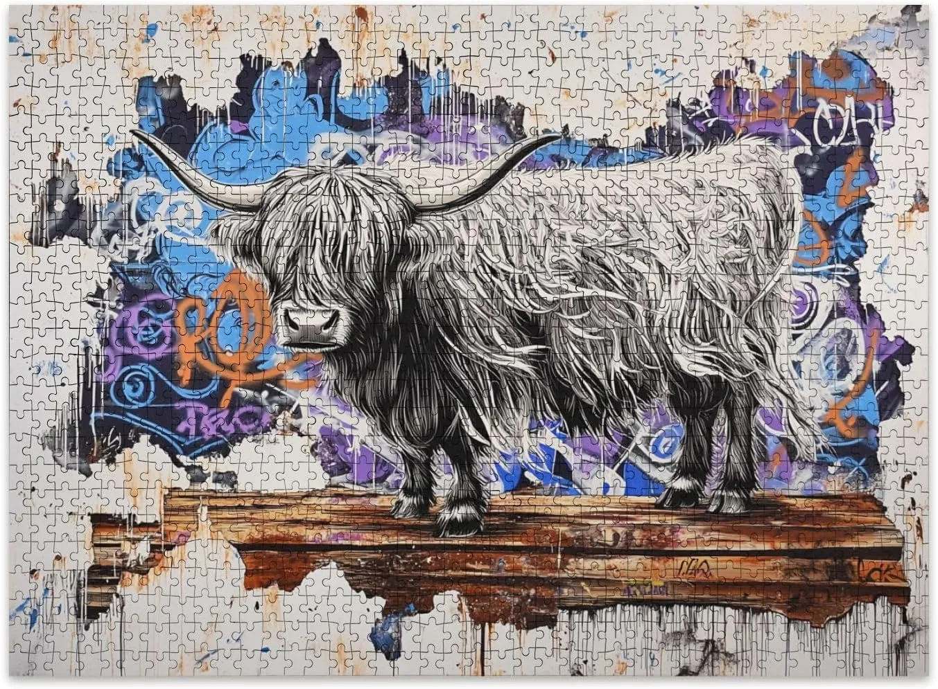 Jigsaw Puzzles 500 Pieces for Adult Surreal Highland Cow Art Graffiti Wood Metal Canvas Puzzle Game for Family Wooden Puzzle Toy Educational Games Puzzles for Home Decor