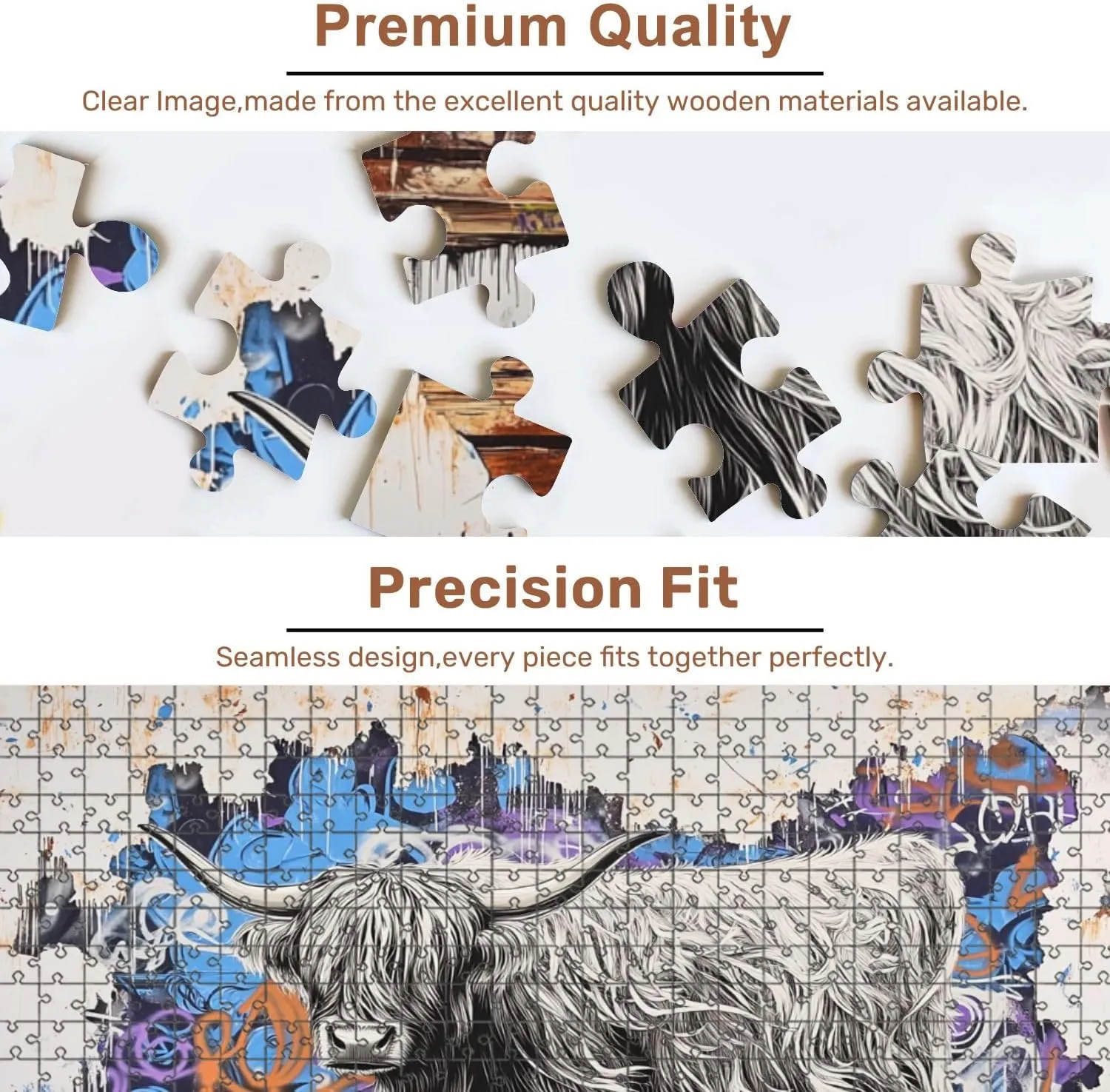 Jigsaw Puzzles 500 Pieces for Adult Surreal Highland Cow Art Graffiti Wood Metal Canvas Puzzle Game for Family Wooden Puzzle Toy Educational Games Puzzles for Home Decor