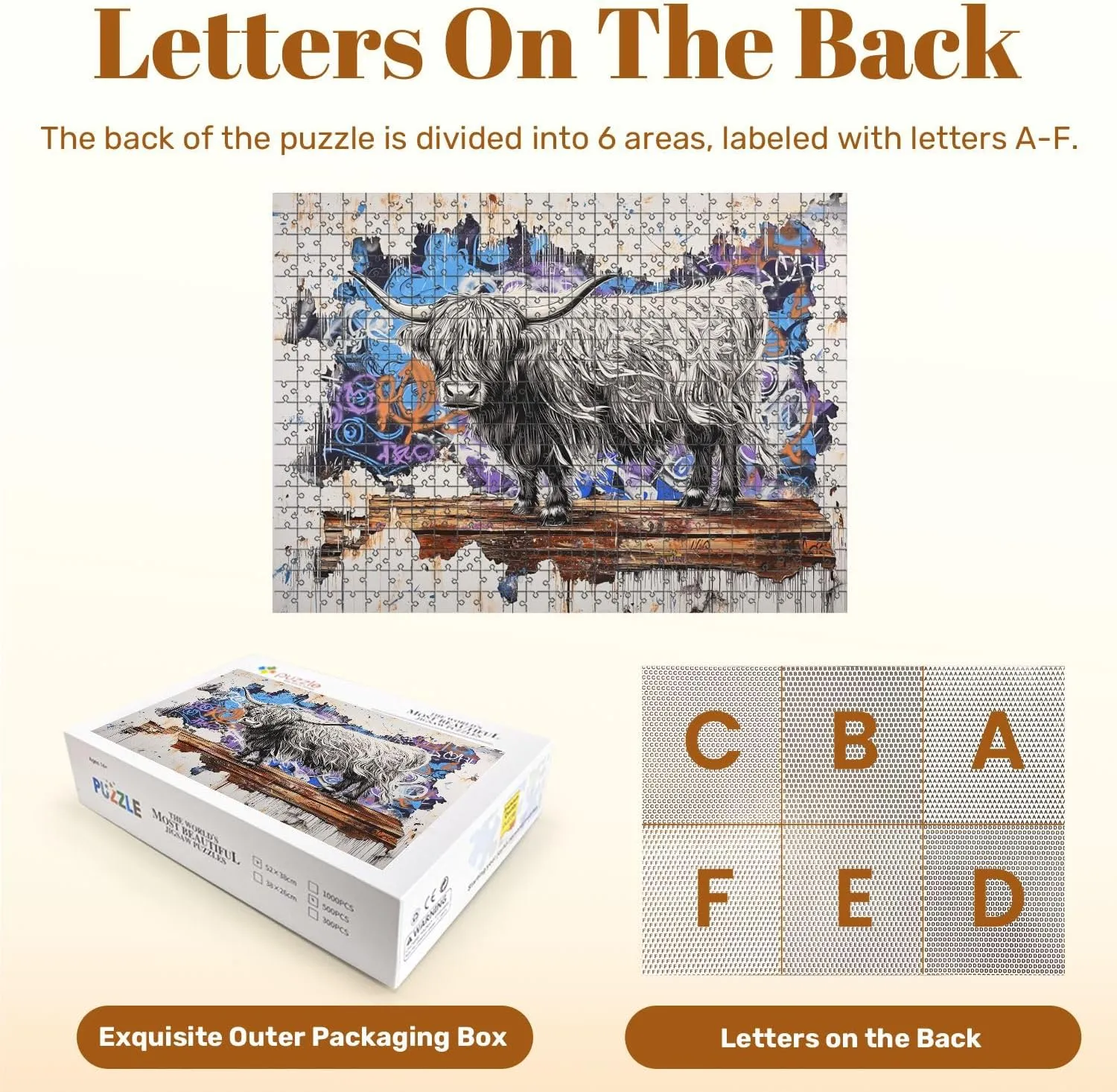 Jigsaw Puzzles 500 Pieces for Adult Surreal Highland Cow Art Graffiti Wood Metal Canvas Puzzle Game for Family Wooden Puzzle Toy Educational Games Puzzles for Home Decor