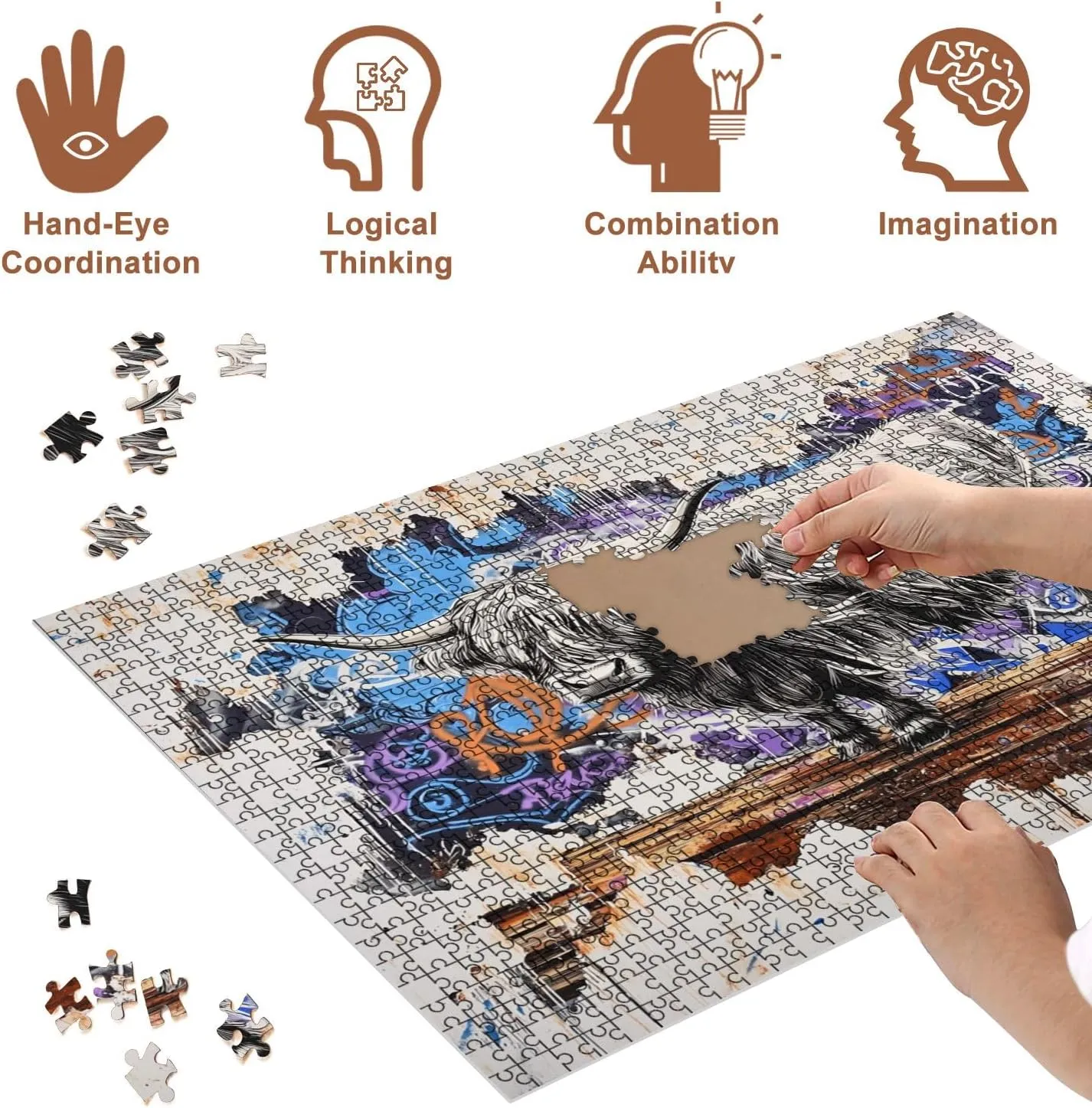 Jigsaw Puzzles 500 Pieces for Adult Surreal Highland Cow Art Graffiti Wood Metal Canvas Puzzle Game for Family Wooden Puzzle Toy Educational Games Puzzles for Home Decor