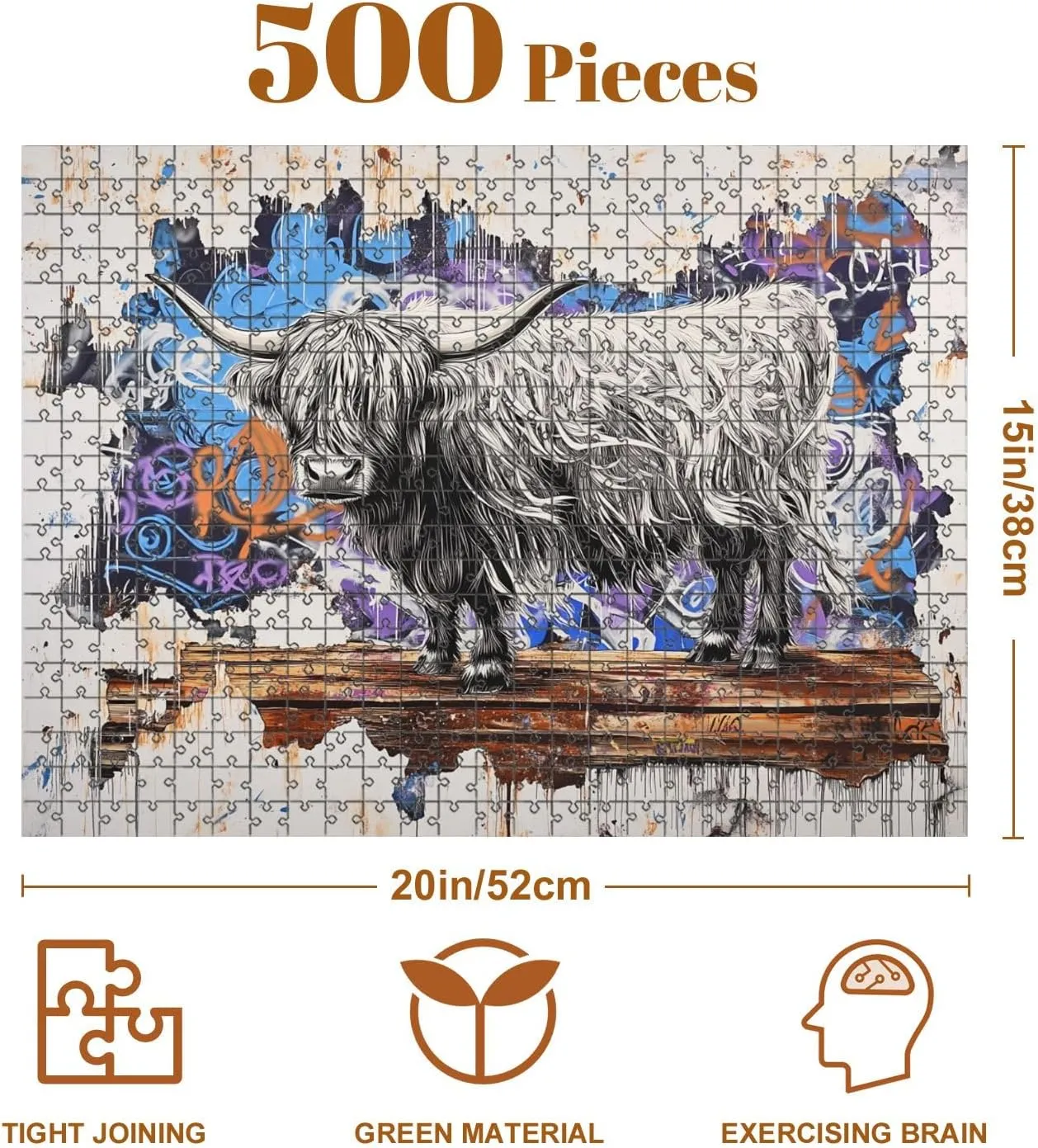 Jigsaw Puzzles 500 Pieces for Adult Surreal Highland Cow Art Graffiti Wood Metal Canvas Puzzle Game for Family Wooden Puzzle Toy Educational Games Puzzles for Home Decor