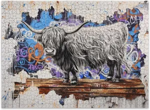 Jigsaw Puzzles 500 Pieces for Adult Surreal Highland Cow Art Graffiti Wood Metal Canvas Puzzle Game for Family Wooden Puzzle Toy Educational Games Puzzles for Home Decor