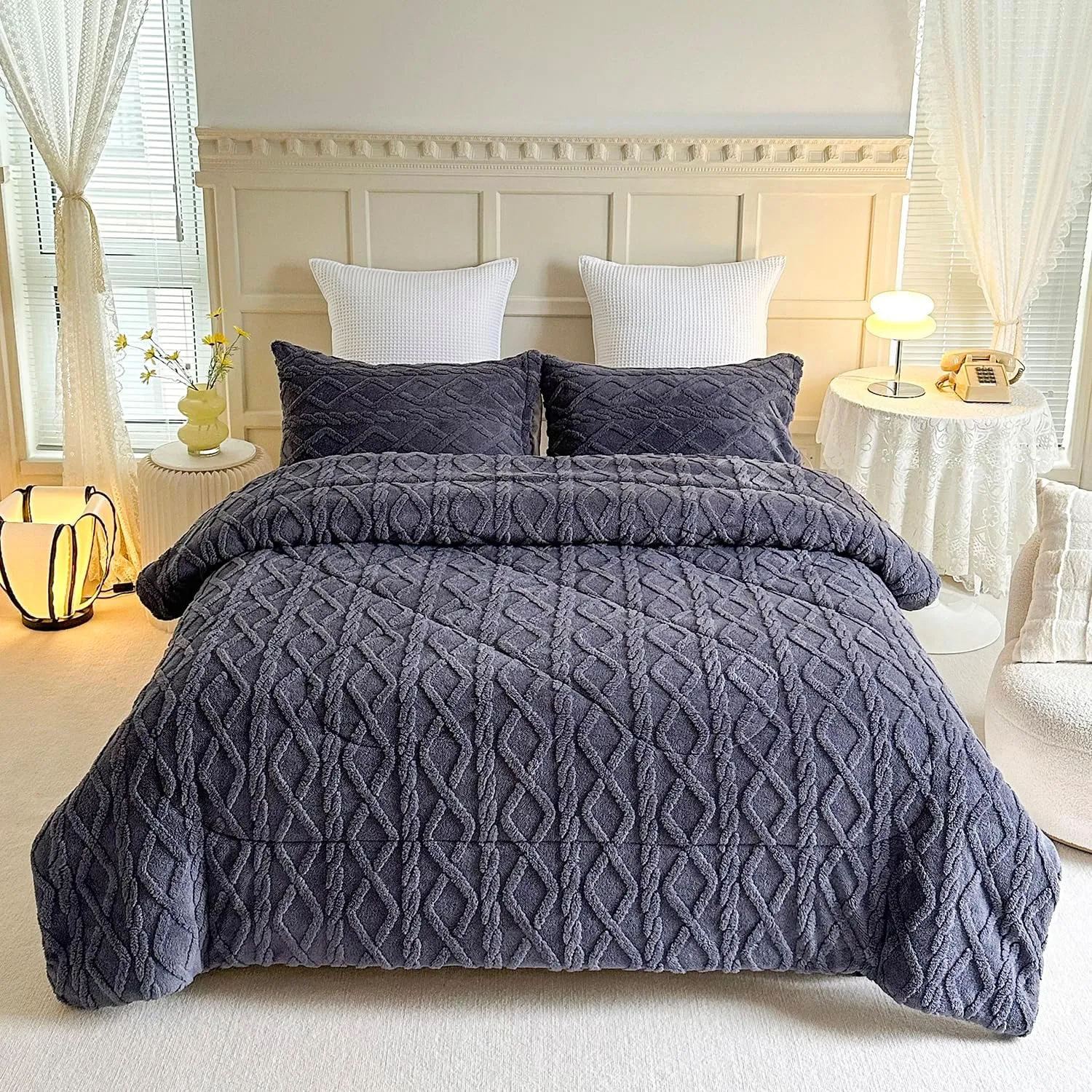 JML Luxury Sherpa Flannel Blanket 3-Piece, 3-Ply Winter Warm Bed Blanket with 2 Pillow Shams (Kintted Slate, King (79"x91"))