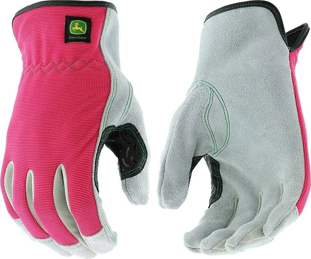 John Deere JD00016-WML Split Cowhide Leather Gloves - [1 Pair] Women’s Work Gloves, Pink Black