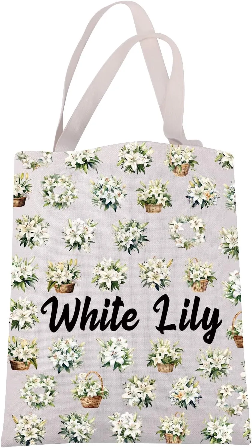 JXGZSO White Lily Tote Bag Flower Lover Gift White Lily Flower Shoulder Bag Floral Botanical Gift Wildflower Handbag