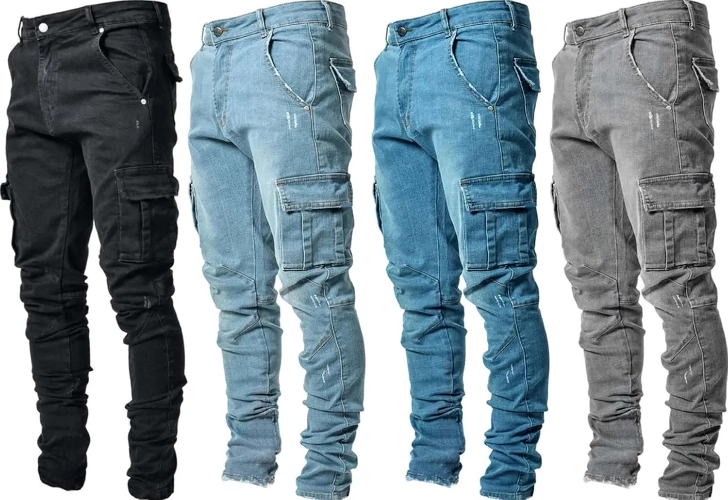 KELYWELL Men's Side Pocket Pencil Jeans Skinny Casual Hip Hop Denim Pants Angled Cargo Trousers Joggers Jean (36,Dark Blue)