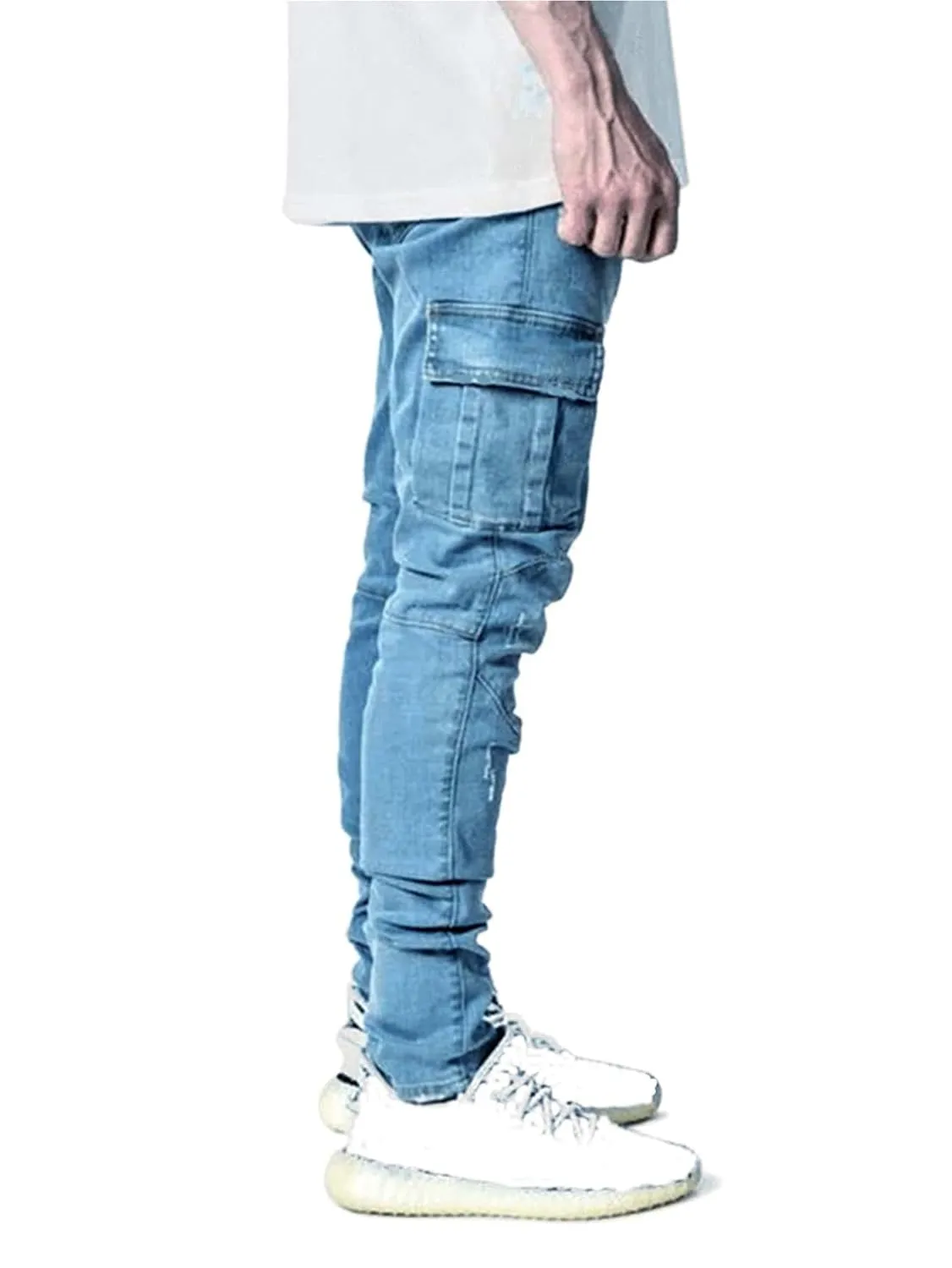 KELYWELL Men's Side Pocket Pencil Jeans Skinny Casual Hip Hop Denim Pants Angled Cargo Trousers Joggers Jean (36,Dark Blue)